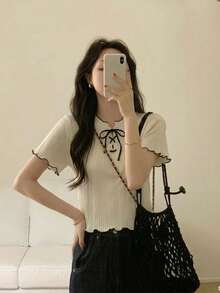 Summer Color-Blocked Slim-Fit Tie Neckline Women's Short-Sleeved Knit Top With Ruffled Trim - Apricot - View 6