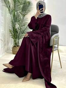 2pcs Set: Solid Color Lace Kimono Cardigan & Long Sleeve Dress, Elegant European & Middle Eastern Arabic Turkish Dubai Style Abaya Spring Vacation - 酒紅色 - 查看 3