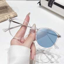 Ultra-Light Oval Frame Photochromic Glasses For Women, Slimming Effect Without Makeup, Large Frame Plain Glasses, Korean Fashion Photochromic Glasses - 亮黑銀框-變灰 - 查看 4