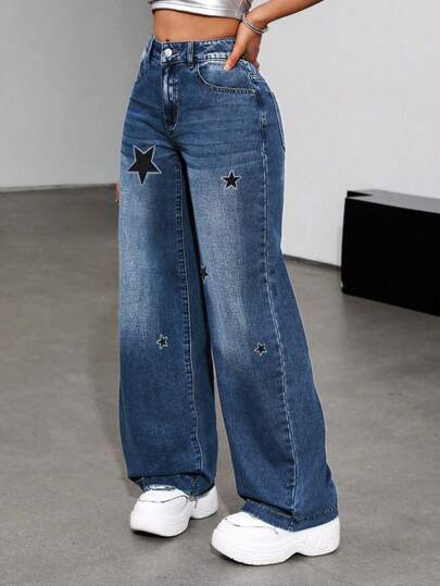 Pantalones vaqueros anchos informales para mujer con parche de estrella y lavado crudo para un look grunge, pantalones largos de alta elasticidad.