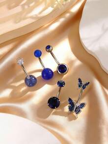 Bộ 5 khuyên rốn bằng thép không gỉ, khuyên rốn tròn 14G đính đá CZ dành cho nữ và bé gái, kích thước 3/8" (10mm), màu hồng/trắng/xanh dương. - 5 khuyên rốn - Xem 6