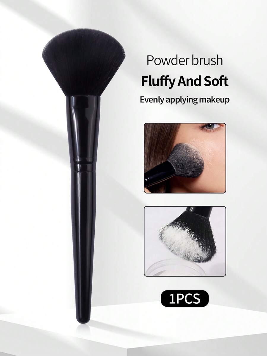 1支柔软蓬松的合成纤维散粉刷 | 黑色大号扇形化妆刷 | 散粉腮红面部化妆工具，适合初学者