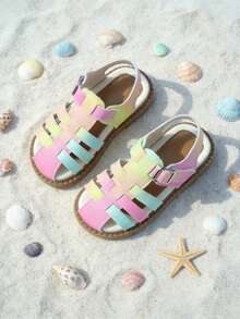 Dép xăng đan trẻ em cho bé gái, đế bằng, có thể điều chỉnh, size 3-12 tuổi, họa tiết Macaron, dệt chuyển màu, mũi kín, màu hồng, vàng, xanh lá cây, xanh dương, cầu vồng, thoáng khí, quai ngang mắt cá chân có khóa, đế chống trượt. - Nhiều màu - Xem 1