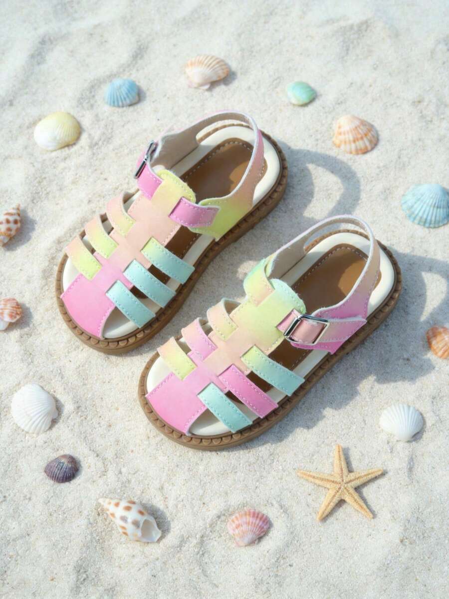 Dép xăng đan trẻ em cho bé gái, đế bằng, có thể điều chỉnh, size 3-12 tuổi, họa tiết Macaron, dệt chuyển màu, mũi kín, màu hồng, vàng, xanh lá cây, xanh dương, cầu vồng, thoáng khí, quai ngang mắt cá chân có khóa, đế chống trượt. - Nhiều màu - Xem 1