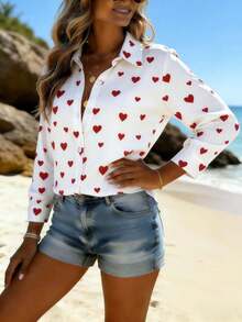 女士七分袖纽扣衬衫，通体爱心印花，翻领设计——浪漫休闲商务风衬衫，适合办公室、度假、居家及日常穿着，春夏秋季皆宜。 - 白色 - 查看 1