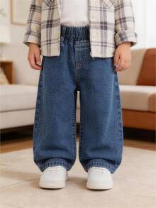 0-3 Years Old Infant Toddler Summer Soft Denim Straight-Leg Pants, Children's Casual Home Jeans, Dark Blue, Loose, Breathable, Skin-Friendly, Elastic Waistband, Versatile Casual Long Pants, Daily Outing Baby Pants For School Start, Best Summer Gift - 深藍 - 查看 4