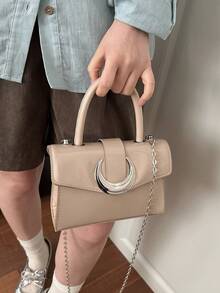 "Elegant Beige Patent Leather Mini Handbag With Crescent Moon Lock, Chain Strap & Top Handle - Perfect For Women's Daily & Party Use" - Khaki - View 5