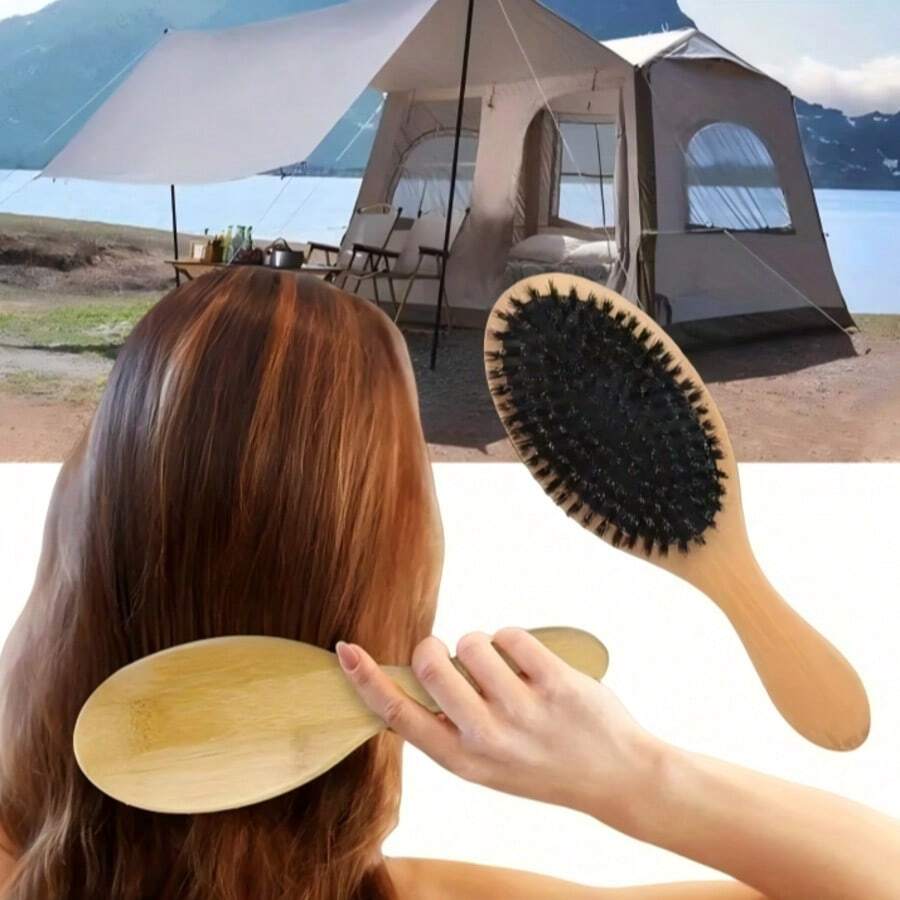 1支天然猪鬃毛发刷，防静电头皮按摩刷，竹柄，美发造型工具 - 彩色 - 查看 1