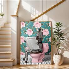 1pc, Canvas Wall Art, Framed Wall Art, Fun Zebra On The Toilet Poster, Tropical Plant Bathroom Art, Pink Poster, Zebra Reading The Newspaper, Bathroom And Toilet Animal Decor, Modern Aesthetic Decor, Apartment Decor, Stylish Home Decor, Room Decor Aesthetics, Dorm Room Decor, Living Room Decor, Bathroom Decor, Kitchen Decor, Decorative Gifts, Housewarming Gifts - Zebra - View 10