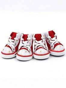 4pcs/Set Casual Sports Style Multicolor High-Top Canvas Shoes, Mesh Upper With Heart Print Design, Breathable & Anti-Slip, Lightweight Paw Protection, Suitable For Small Dogs Daily Walks And Outdoor Hot Weather - Multicolor - View 10