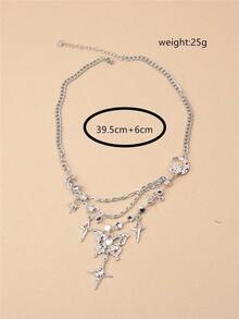 1pc Fashionable Vintage Rhinestone Butterfly Pendant With Star & Moon Charm Chain Match Stainless Steel Women's Necklace - 銀色 - 查看 2