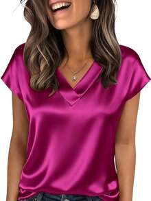 纯色V领系带袖女士缎面T恤，春夏真丝衬衫，沙滩度假短袖，商务休闲派对必备单品，母亲节礼物，尺码S-XXL - 玫紅色 - 查看 4