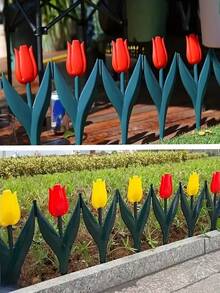 6/12pcs Plastic Tulip Flower Shaped Garden Fence, Easy To Assemble Decorative Edging, Suitable For Fairy Garden, Yard, Outdoor Decor, Multi-Functional, Vibrant Colors: Red, Yellow, Blue And Pink Tulip Pattern To Beautify Your Yard. Plastic Material: Lightweight, Weather-Resistant, Easy To Install. Ideal For Gardening Enthusiasts, Yard/Balcony Decor, Garden Edging, Balcony Planter Decoration, And Landscape Design. - Tulip-shaped Fence - View 8