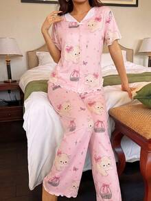 Conjunto de pijama de mujer con cuello en V y estampado de dibujos animados, top de manga corta con puños y pantalones largos con puños, conjunto de ropa de dormir linda, conjunto de pijama casual y de moda para damas - Multicolor - Ver 6