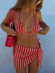 Conjunto de bikini de 3 piezas a rayas para mujer 2026, diseño de cuello halter, atado a los lados, cubre con malla, traje de baño casual y lindo con espalda descubierta para el Día de San Valentín, vacaciones de primavera/verano en la playa - Café integral - Ver 2