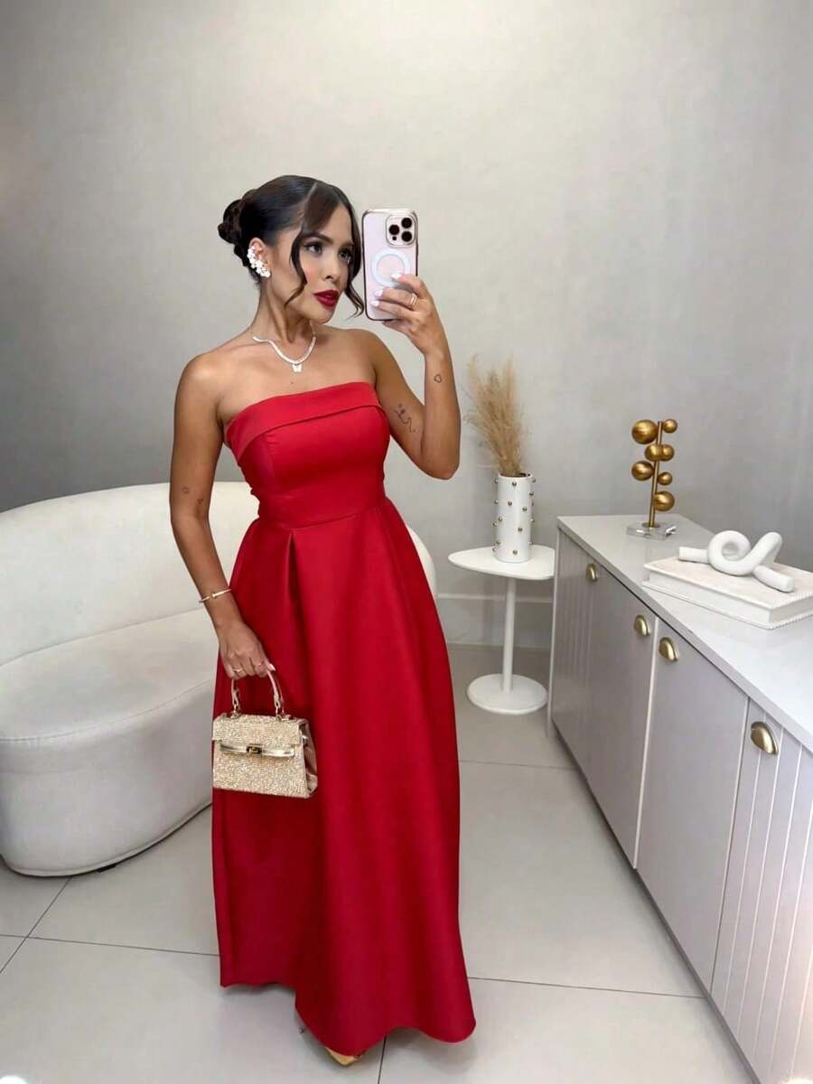 Women's Long Strapless Dress With Back Tie In Elegant Premium Tailoring - 紅色1 - 查看 1