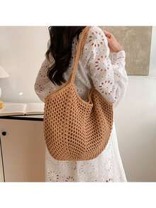 1 chiếc túi đan rỗng mới dành cho nữ, túi tote đeo vai dung tích lớn, túi đan cỏ đa năng kiểu dáng nghỉ mát ven biển, thích hợp đi làm hàng ngày. - Xem 2