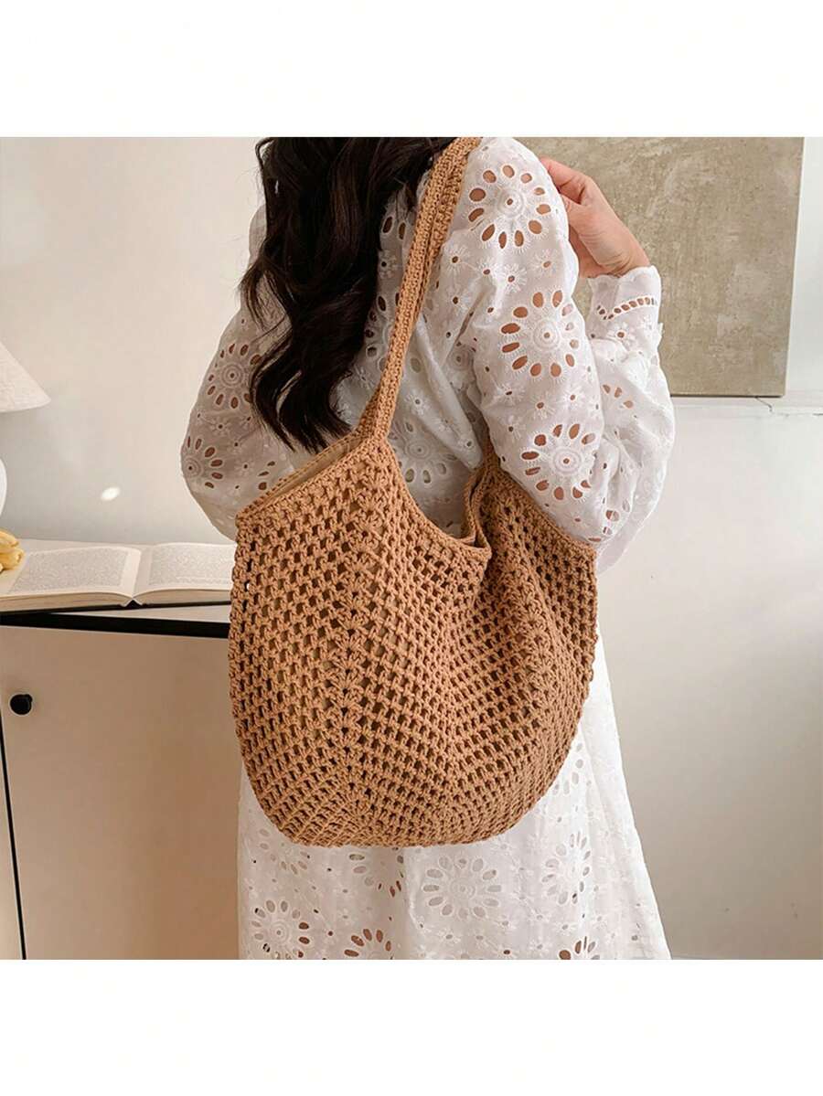 1 chiếc túi đan rỗng mới dành cho nữ, túi tote đeo vai dung tích lớn, túi đan cỏ đa năng kiểu dáng nghỉ mát ven biển, thích hợp đi làm hàng ngày.