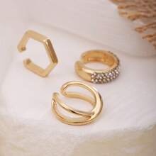 3件套女士夹式耳环套装，不对称几何镂空设计，优雅简约，适合日常佩戴和作为礼物赠送 - 金色 - 查看 2