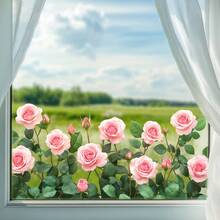 1pc Pink Rose Window Decor, Soft Pink Roses And Green Leaves, Lighting Up The Window With A Gentle Romantic Ambiance - Multicolor - View 7