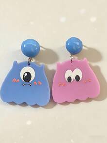 1对2件装可爱不对称耳环，绿色球形耳钉，粉色和蓝色卡通怪兽设计耳环，适合女性日常佩戴、派对、礼物 - 彩色 - 查看 4