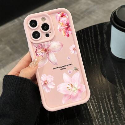 1 pieza Nuevo estuche de teléfono con cobertura completa, suave y grueso, con impresión floral de lirio y texto inspirador en inglés, compatible con iPhone 17 Air/17 Pro Max/17/16 Plus/15/14/13/12/11/XS Max/XR/7/8