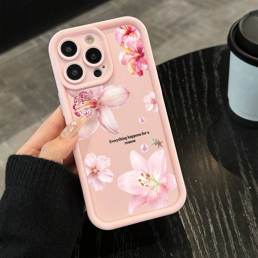 1 pieza Nuevo estuche de teléfono con cobertura completa, suave y grueso, con impresión floral de lirio y texto inspirador en inglés, compatible con iPhone 17 Air/17 Pro Max/17/16 Plus/15/14/13/12/11/XS Max/XR/7/8 - rosa claro - Ver 1