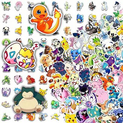 pokemon 100张防水卡通人物贴纸，适用于笔记本电脑