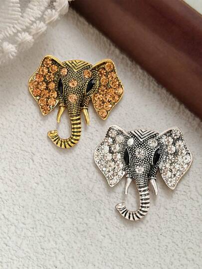 1/2pcs Vintage Elephant Brooch, Fashion Rhinestone Inlaid Auspicious Elephant Alloy Cubic Zirconia Studded Accessory