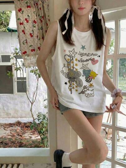 Y2K可爱卡通魔法少女星星印花无袖背心，宽松叠穿性感露脐休闲款