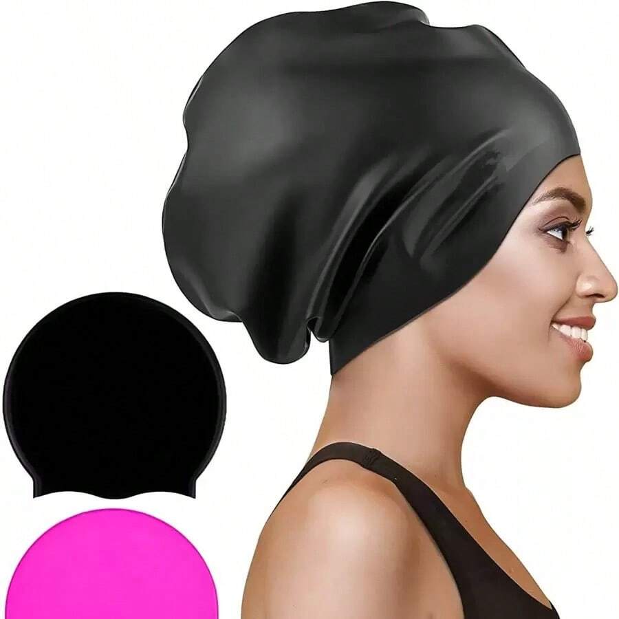 Extra Large Swimming Cap For Women And Men,Special Design Swim Cap For Very Long Thick Curly Hair&Dreadlocks Weaves Braids Afros Silicone Keep Your Hair Dry, Beach Essentials, Beach Accessories, Pool Float - 黑色 - 查看 1