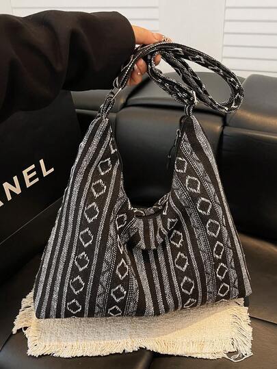 1pc Fashion Versatile Zipper Shoulder Bag, Colorblock Embroidery Canvas Bag, Casual Large Capacity Crescent Moon Backpack, Suitable For Short Trips, Vacations, Outings, Shopping, Dates, Everyday Use