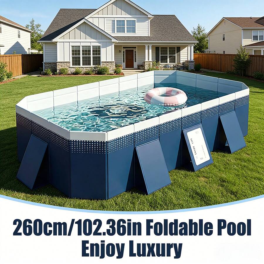 Foldable Above Ground Pool, No Inflation Required & Easy Setup, Sturdy Panel Structure For Stability, Large Capacity For Family Use, Multi-Use For Family, Pets & Outdoor Cooling, Portable Collapsible Design For Compact Storage, Ideal For Backyard, Patio & Garden Summer Water Fun, Durable Leak-Proof Construction, Perfect Outdoor Water Entertainment Equipment For Gatherings & Pet Bathing - Bể bơi bơm hơi, gấp gọn, màu xanh biển, sâu 2,6 mét - Xem 1
