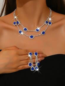 一套迷人的蓝宝石首饰套装 - 流苏耳环和多层项链 - 水晶镀银 - 伴娘/周年纪念礼物 - 藍色 - 查看 4