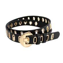 1 pieza Cinturón casual de piel de imitación con estampado geométrico y estilo punk, cinturón de ojal ovalado sin hebilla, adecuado para todas las estaciones - Negro - Ver 4