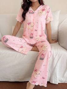 Conjunto de pijama de mujer con cuello en V y estampado de dibujos animados, top de manga corta con puños y pantalones largos con puños, conjunto de ropa de dormir linda, conjunto de pijama casual y de moda para damas - Multicolor - Ver 5
