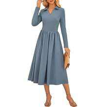Kasin Women's Fall Long Sleeve Midi Dress 2025 Casual Polo V Neck Ribbed Knit A Line Flowy Work Dresses With Pockets - 藍色 - 查看 1