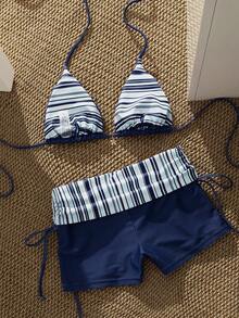 Bộ bikini 2 mảnh in hoa màu đỏ đậm bán chạy nhất mùa Xuân/Hè 2026, chất liệu co giãn, thiết kế gợi cảm và thời trang, mặt hàng bán chạy nhất cho kỳ nghỉ biển của nữ. - Xanh đậm - Xem 3