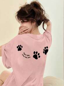 Japanese Style Women's Loose Casual Round Neck Letter & Puppy Print Short Sleeve T-Shirt, Versatile For Spring/Summer Pink - Pink - View 2