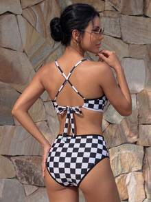 Casual Checkered Two-Tone Swimwear Set With Tie Back, Vacation - Black and White - View 3