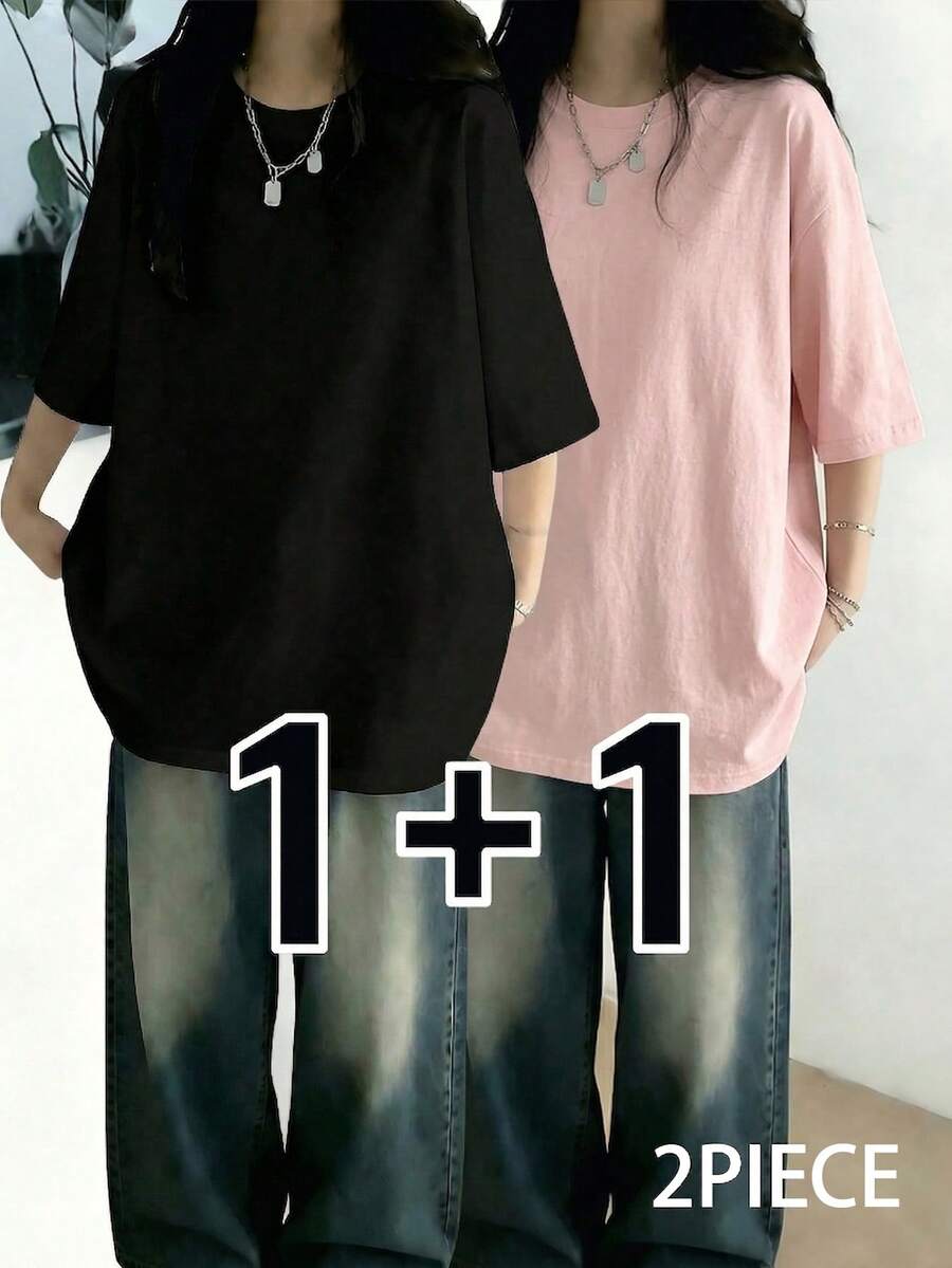 2件/套 女士休闲宽松圆领纯色短袖T恤,日系春夏款 - 高級黑+粉紅色 - 查看 1