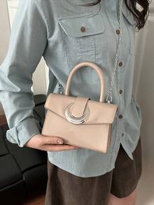 "Elegant Beige Patent Leather Mini Handbag With Crescent Moon Lock, Chain Strap & Top Handle - Perfect For Women's Daily & Party Use" - Khaki - View 6