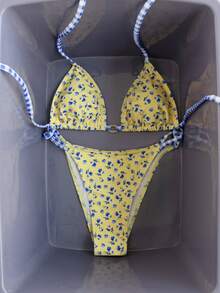 2 Stück/Set Blumen- und Karomuster Sexy Rückenfrei Kordelzug Bikini Badeanzug Set, süß & bequem für Strand, Reise, Frühling/Sommer Urlaub - Gelb - Übersicht 4