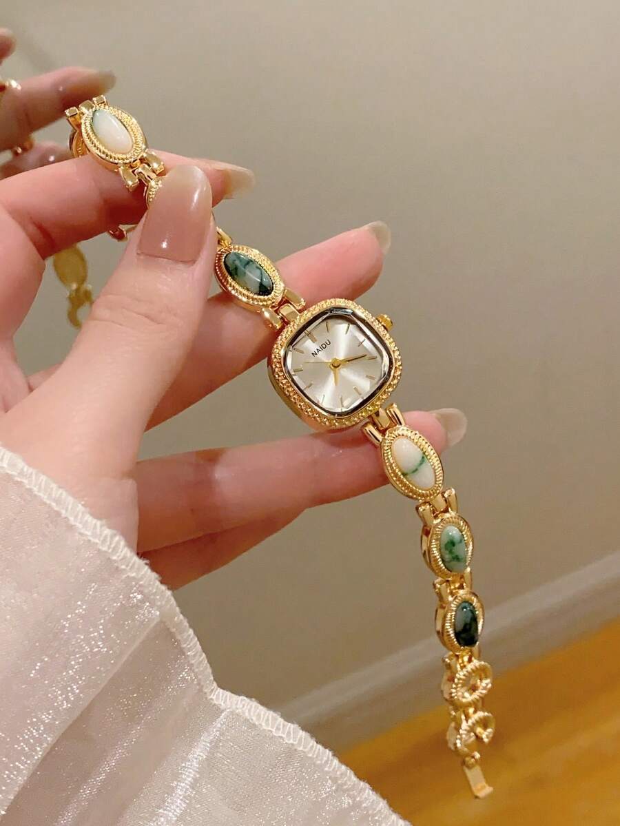 1 chiếc đồng hồ nữ mặt vuông nhỏ bằng thép không gỉ màu bạc cổ điển, kiểu dáng tối giản thanh lịch sang trọng, đồng hồ đeo tay thạch anh nhỏ nhắn phù hợp để đeo hàng ngày, dự tiệc và các dịp khác. - màu xanh lá - Xem 1