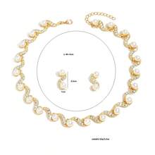 黄金钻石珍珠项链耳环套装，法式复古优雅颈链，日常约会皆宜的温柔风格首饰 - 金黃色 - 查看 2