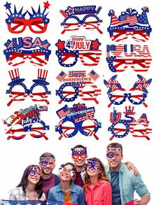 12pcs High Quality Patriotic Themed Glasses Set, Suitable For July 4th Independence Day Party, Veterans Day, Memorial Day And Other Patriotic Themed Parties. Glasses Designs Include American Letters, Stars, Top Hats And American Flag Patterns, Serving As Fun And Eye-Catching Decorations For Your Independence Day Celebration. Red, White And Blue Color Photo Props - Multicolor - View 4