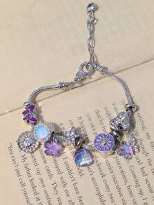 1pc Purple Sakura Sunflower Charm Bracelet, 1pc Heart HOPE Slogan Bow Bracelet, 1pc Starfish Butterfly Animal Bracelet, 1pc Heart Cross Bracelet - Gold - View 7