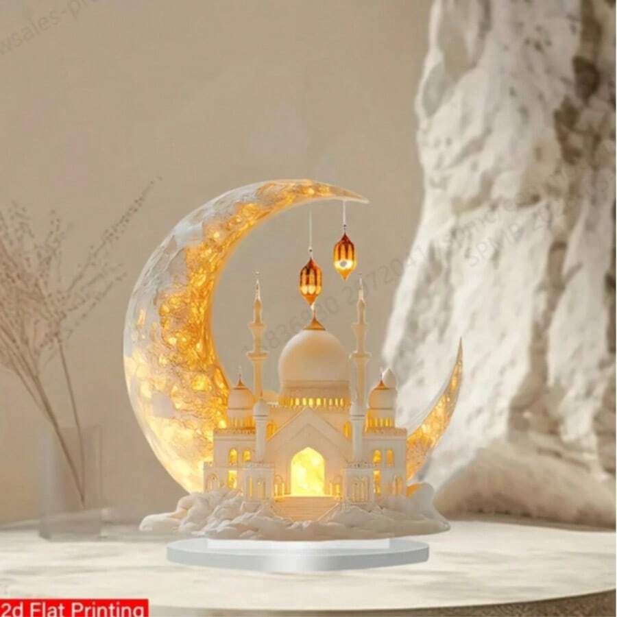2D Decoración de escritorio de acrílico plano en forma de mezquita con diseño de media luna y luz dorada - Decoración islámica bohemia para el hogar para celebraciones de Eid y Pascua, sin alimentación, exhibición de tema de iglesia multifuncional, decoración musulmana para el hogar, decoración sin electricidad, detalles arquitectónicos intrincados, efecto de iluminación radiante, decoración navideña plana en 2D - A - Ver 1
