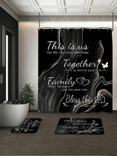 Bộ 1/3/4 món rèm tắm màu đen vàng in câu nói gia đình, rèm tắm sang trọng màu đen vàng với chữ viết uốn lượn, chống thấm nước, bền bỉ, trang trí và phụ kiện phòng tắm, 72in*72in - Rèm ngăn phòng tắm, bao gồm cả bọc bồn cầu, thảm tắm và thảm trang trí, làm từ vải polyester - Có thể giặt - Thích hợp cho trang trí ngày lễ, trang trí mùa xuân/phòng ngủ/nhà ở/phong cách miền Tây/nhà cửa, quà tặng tân gia, phụ kiện phòng tắm, trang trí nhà cửa in câu nói truyền cảm hứng.