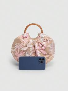 Dedoo 海滨度假包 女士新款刺绣立体贴花亮片花朵粗纺手提包 优雅托特包（图案随机裁剪） - 粉色 - 查看 7